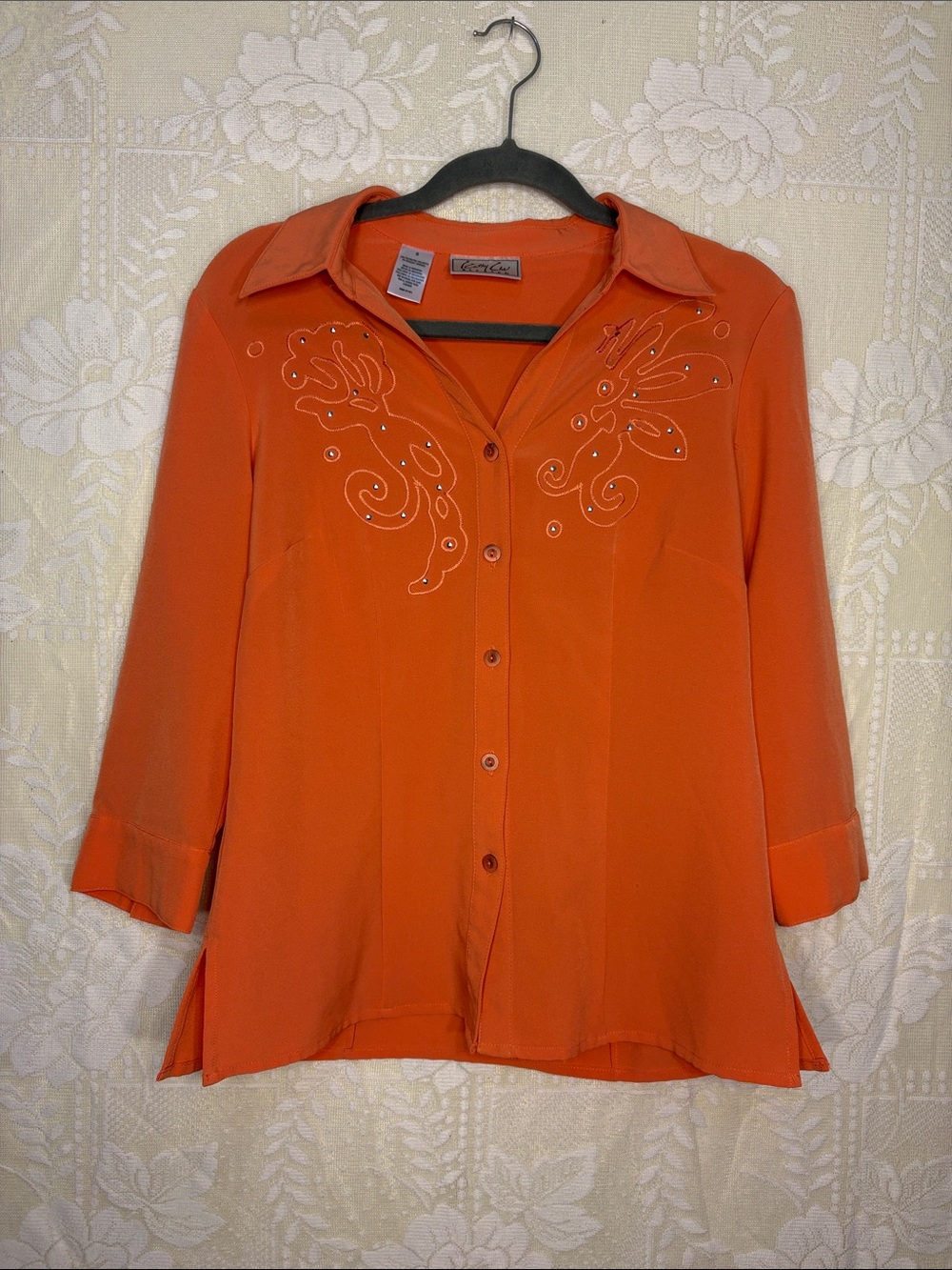 Vintage Western Motif Embroidered Orange Women's Button-Down Shirt Fall Color